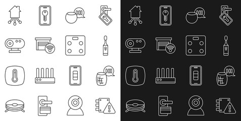 Set line House under protection, Voice assistant, Electric toothbrush, Smart garage, Web camera, home and bathroom scales icon. Vector