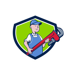 Mechanic Cradling Pipe Wrench Crest Cartoon