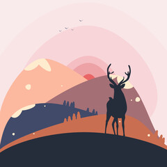 Fototapeta na wymiar Background illustration of light and hot pink, blue and orange mountains and hills with deer silhouette. Picture for poster, banner, postcard..