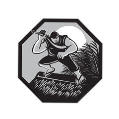 Samoan Ninja on top of Nipa Hut Retro © Redwater Vectors