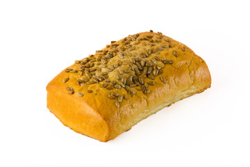 Variation about traditional ciabatta bread. White wheat flour product with sunflower seed topping isolated on white background. High quality photo