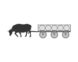 Massive carabao pulls a wooden cart, traditional transportation silhouette nature concept - obrazy, fototapety, plakaty