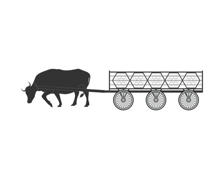 Massive carabao pulls a wooden cart, traditional transportation silhouette nature concept