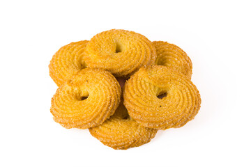 Six round golden butter cookies put in a composition. Cookie advertisement concept. Isolated on whitisolated, white, eating, group, round, stack, temptation, photography, sweet food, baking, butter