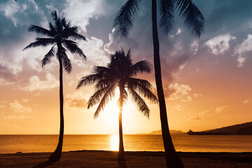 Fototapeta na wymiar Ocean palm trees and colorful sunset sky 