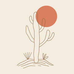 Minimalist modern line abstract wild cactus, contemporary meditative harmony landscape vintage desert Arizona concept. Vector and jpg printable image, unique boho clipart illustration, editable