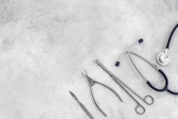 Fototapeta premium Flat lay of medical steel equipment tools for surgery or dentistry