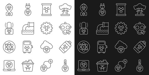 Set line Meteorology thermometer, Nuclear energy battery, Gas mask, Radioactive waste in barrel, Wastewater, warning lamp, bomb and icon. Vector