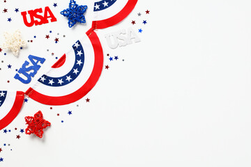 Happy Labor Day, Independence Day, Presidents Day banner template. USA decorations, garland, confetti on white background. Flat lay, top view.