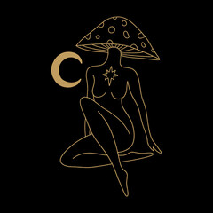 Mushroom lady, moon goddess sacred woman celestial card. Mystical boho fungi girl. Mystic esoteric black and gold color witchcraft vector and jpg printable image, unique boho clipart illustration
