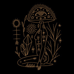 Mushroom lady, moon goddess sacred woman celestial card. Mystical boho fungi girl. Mystic esoteric black and gold color witchcraft vector and jpg printable image, unique boho clipart illustration © Knstart Studio