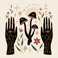 Witchcraft symbols celestial hands and mushrooms bundle set, magical alchemy potion ingredients. Vector and jpg printable image, unique boho clipart illustration, editable isolated details. Perfect © Knstart Studio
