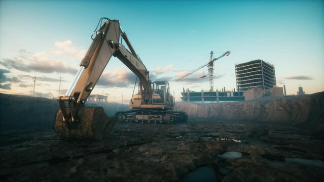 Excavator machine on construction site. Earthmoving at construction site. Morning at construction site with heavy machinery. 3d visualization