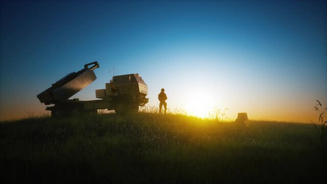 Multiple launch rocket system on the background of sunset sky. High mobility artillery rocket system. 3d visulaization