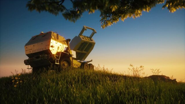 High mobility artillery rocket system. Military machine at sunset. 3d visulaization