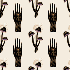 Witchcraft symbols celestial hands and mushrooms vector and jpg printable boho seamless pattern, unique repeat clipart illustration image, editable isolated details. Perfect for clothes design