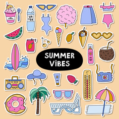 Trendy set of stickers about summer holiday, tropical beach, hot summer rest for planners. Ready for print list of stickers. Hand drawn vector vacation set with seasonal drinks, entertainment, outfit