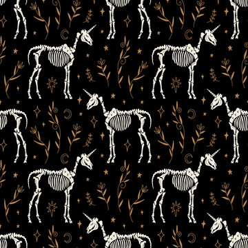 Unicorn Skeleton Dark Boho Gothic Animal Gloomy Vector And Jpg Printable Boho Seamless Pattern, Unique Repeat Clipart Illustration Image, Editable Isolated Details. Perfect For Clothes Design