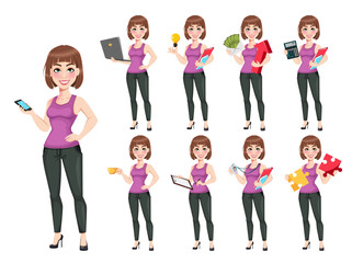 Obraz premium Cute cartoon businesswoman in casual clothes