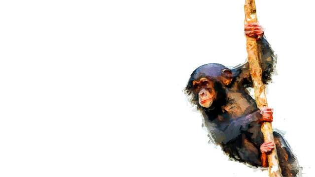 Digital painting of a baby chimpanzee climbing a vine isolated on a white background with room for text