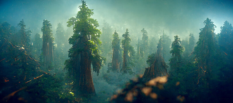 redwood forest colossal scale dense canopy sense Digital Art Illustration Painting Hyper Realistic