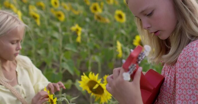 The child plays the ukulele. Two attractive young girls enjoying nature on the field of sunflowers at sunset. Freedom concept. Happy sisters outdoors. Harvest. Childhood. Country life.
