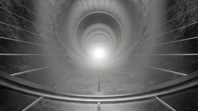 The movement of the camera through a metal tunnel. Light in the tunnel. Seamless animation.