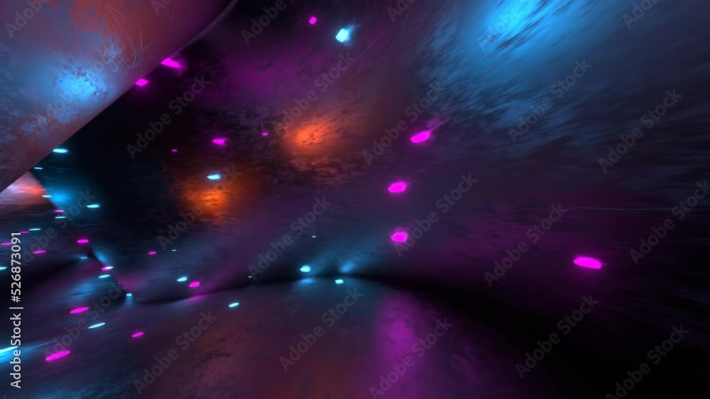 Poster camera movement along a metal corridor, luminous elements on the walls of a triangular corridor. spa
