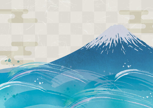 青い富士山と海の波水彩画