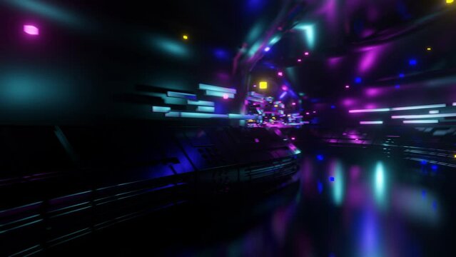Camera movement along a metal corridor, luminous elements on the walls corridor. spaceship corridor. Seamless animation.