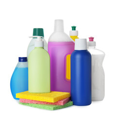 Set of different cleaning supplies and sponges on white background