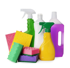 Set of different cleaning supplies and sponges on white background