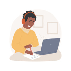 Video course isolated cartoon vector illustration. Multimedia lessons online, student watching at the screen, wearing headphones, video homeschooling course, virtual teaching vector cartoon.