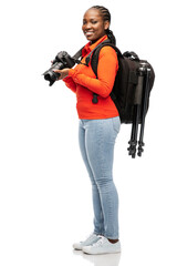 people, profession and photography concept - happy smiling woman photographer with digital camera,...