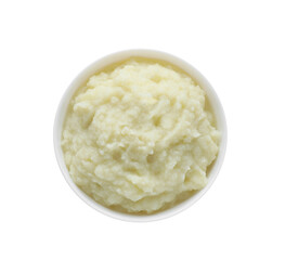 Bowl with tasty puree on white background, top view