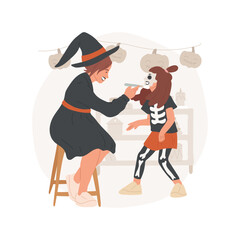 Face painting isolated cartoon vector illustration. Family in carnival costumes preparing for Halloween celebration and doing holidays makeup, mother painting daughters face vector cartoon.