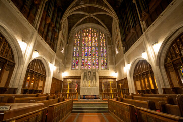 West Point, NY - USA - Aug 26, 2022 An interior view of the historic Cadet Chapel at the United States Military Academy. The chapel is a late example of Gothic Revival architecture.