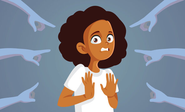 Hands Pointing to an Innocent Girl Vector Cartoon Illustration. People blaming the wrong person who is trying to exculpate herself
