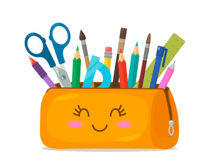 Bright school pencil case filled with school stationery such as pens, pencils, scissors, ruler, brushes. September 1 concept, go to school. flat vector