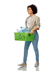 recycling, waste sorting and sustainability concept - smiling woman with box with plastic bottles walking over white background