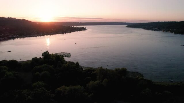 Purple Sunset Aerial of Lake Sammamish in Issaquah Washington