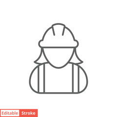 Female construction worker icon. Labor, builder, employee, hardhat concept. Simple outline style. Thin line vector design illustration isolated on white background. Editable stroke EPS 10.