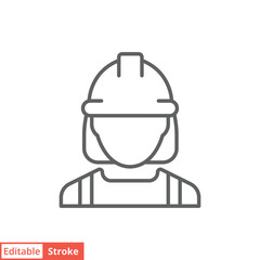Female construction worker icon. Labor, builder, employee, hardhat concept. Simple outline style. Thin line vector design illustration isolated on white background. Editable stroke EPS 10.