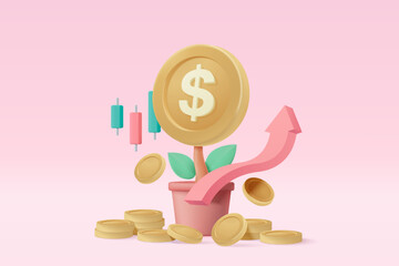 3d money tree plant with coin dollar. Business profit investment, finance education, earning income, business development concept. 3d money trade vector icon for banking render illustration - obrazy, fototapety, plakaty