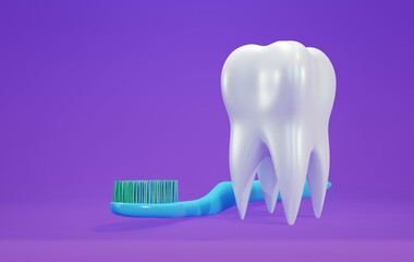 Fototapeta na wymiar blue toothbrush, white tooth 3d rendering on purple background