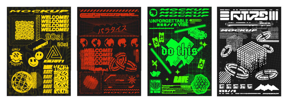 Template posters - trendy, digital, futuristic, rave. Poster themes for different occasions in a retro futuristic style. Acid set graphic mockups with 3D objects. Translation from Japanese - cyberpunk