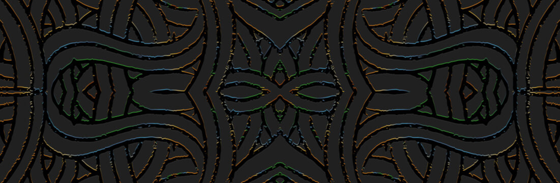 Banner, cover design. Embossed ethnic fantasy 3d pattern on a black background, dudling style, paper press. Tribal geometric ideas for websites, presentations.