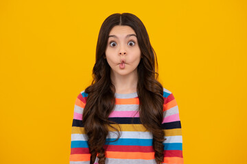 Kids mouth with fun lips shape. Adorable little girl surprised and shocked, showing true astonished...