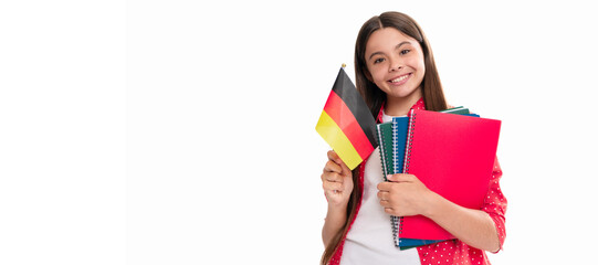 happy kid hold german flag and school copybook for studying isolated on white, foreign language....