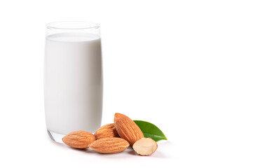Almond milk and almonds on white background
